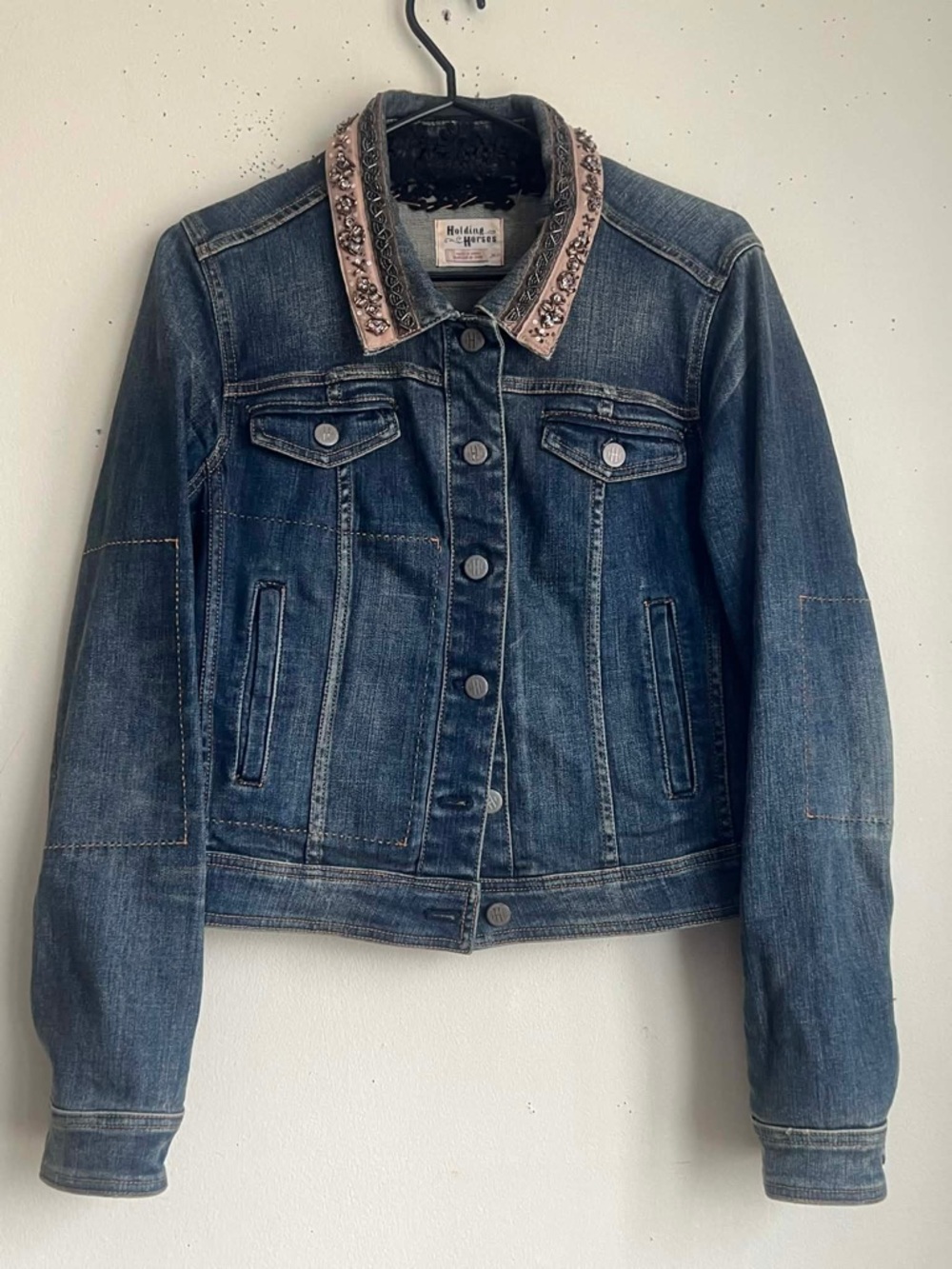 HOLDING HORSES Blue Denim Jacket with Embellished Pink Collar